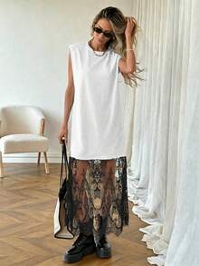 SHEIN LUNE 女士休闲纯色蕾丝拼接无袖长裙，适合日常穿着、通勤，时尚百搭，春夏皆宜。这款连衣裙适合春假和夏季穿着，款式多样，包括休闲长裙、外出连衣裙、夏日连衣裙等。黑色款适合日常穿着、通勤、夏季穿着等多种场合。 - 彩色 - 查看 3