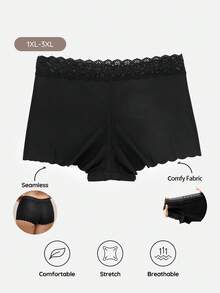 Bralution 1pc Plus Size Women Seamless Lace Trim Brief Underwear - Black - View 2