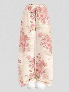 Conjunto de camiseta ajustada con volantes y pantalones de pierna ancha con estampado floral, casual para niña preadolescente en primavera/verano para vacaciones y uso diario - Blanco - Ver 7