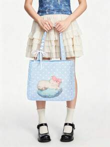 ROMWE Anime Tas Tote Bahu Wanita Portabel Kapasitas Besar Motif Kucing Cinta Biru dan Putih 1021427 - Bantal kucing - View 3