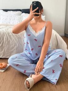Napfluff CURVE Napfluff CURVE 大码女式休闲条纹蝴蝶印花吊带背心和裤子睡衣套装 - 彩色 - 查看 5