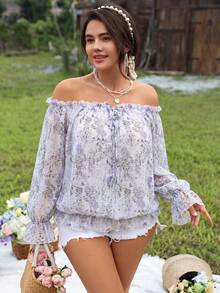 SHEIN LUNE 大码女式露肩碎花系腰灯笼袖浪漫优雅长袖衬衫，适合派对、度假和外出穿着 - 淡紫色 - 查看 6
