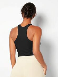 SHEIN BASICS 女士95%纯棉黑色紧身小圆领背心 - 夏季休闲运动装，居家、健身、瑜伽、骑行、返校、西部音乐节、甜美少女风、清爽少女风、复古风、Y2K风、Z世代时尚 - 彩色 - 查看 3