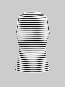 Slaydiva Black & White Striped Polo Neck Ruched Waist Basic Camisole, Suitable For Spring & Summer,Summer Top - Multicolor - View 3