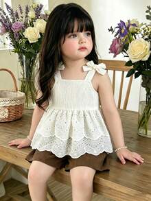 SHEIN Vintaside Kids 2件套女婴幼儿/新生儿0-3岁休闲日常可爱度假条纹蝴蝶结装饰吊带背心+短裤套装，春夏款 - 棕色 - 查看 8