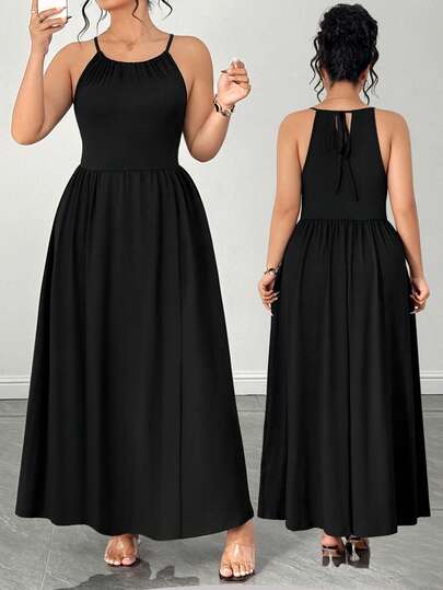 Elenzga Plus Size Summer Solid Color Pleated Versatile Camisole Dress
