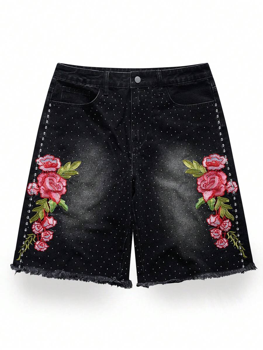 ROMWE MEN Men's Loose Fit Denim Shorts With Sparkling Diamond Floral Embroidery - Black - View 1