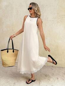 SHEIN Frenchy Đầm dài không tay cổ tròn dáng rộng thoải mái dành cho nữ, thích hợp cho kỳ nghỉ. - Màu be - Xem 3