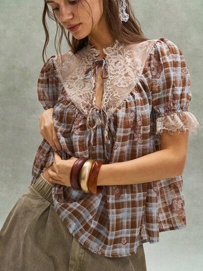 Bohemela Women's Plaid Ruffle Petal Sleeve Tie Front Lace Patchwork Blouse, Summer