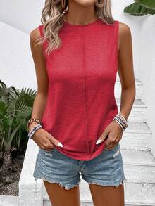 EMERY ROSE Women's Casual Boho Minimalist Round Neck Tank Top, Versatile For Summer Vacation Dark Red Vacation - Red - View 7