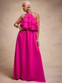 Vixey Đầm maxi xếp tầng bồng bềnh cổ yếm, chất liệu chiffon dày dặn, có lớp lót toàn bộ. - Màu Hồng Tươi - Xem 3