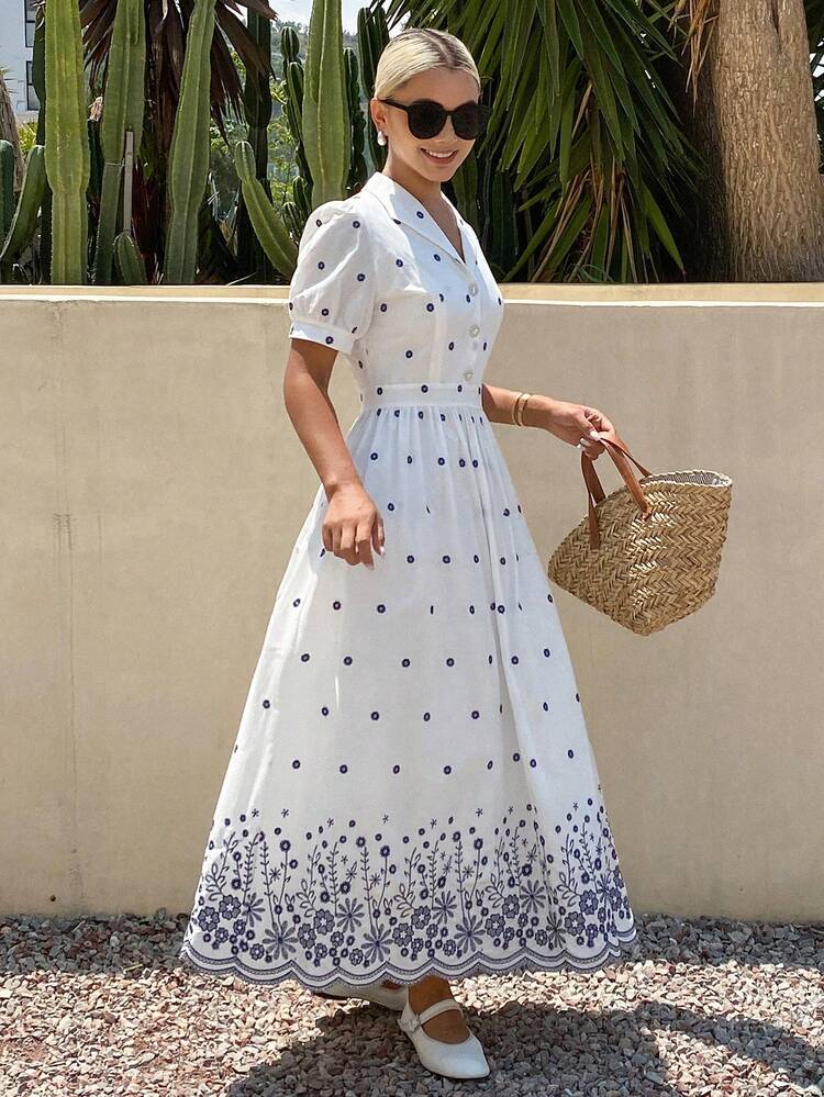 Women's Summer Vacation Floral Embroidery Waist Cinched Short Sleeve Dress Sun Dresses For Women