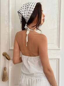 Livesso Top de pijama de mujer con parches de encaje de unicolor y cuello halter - Blanco - Ver 2