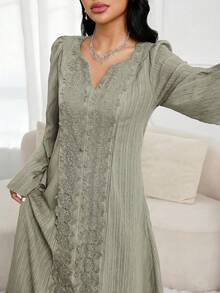 Al Najma 女款優雅端莊 Xhosa 傳統印尼度假風蕾絲拼接喇叭袖寬鬆阿拉伯長裙，適合夏季 - 綠色 - 查看 6