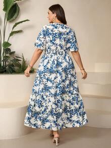SHEIN LUNE Plus Size Women V-Neck Floral Print Casual Boho Party Vacation Dress Blue And White Summer - Multicolor - View 2