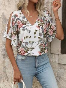 SHEIN Clasi Women's V-Neck Floral Print Ruffle Sleeve Split Hem Blouse,Summer Top Vacation White Floral Elegant - White - View 6