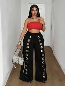 Maweii Plus Size Women's Black Cool Casual Punk Style Iron Ring Hollow Out Loose Wide Leg Pants Fall - Black - View 4