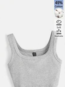 SHEIN BASICS 女款素色時尚百搭圓領短版休閒背心上衣夏季服飾 - 灰色 - 查看 9