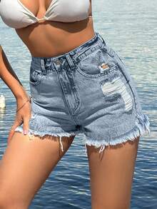 EURMUSE 100%Cotton Back Label Detailed Short With Destroy - Baby Blue - View 9