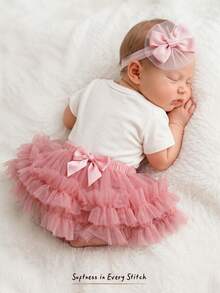 Cozy Pixies Newborn Baby Girl Off-White Summer Cute Photo Shoot 1st Birthday,Wedding,Vacation Outfit,Elegant Bow Letter Knit Romper,Ruffle Mesh Skirt 2-Piece Set - Pink - View 12