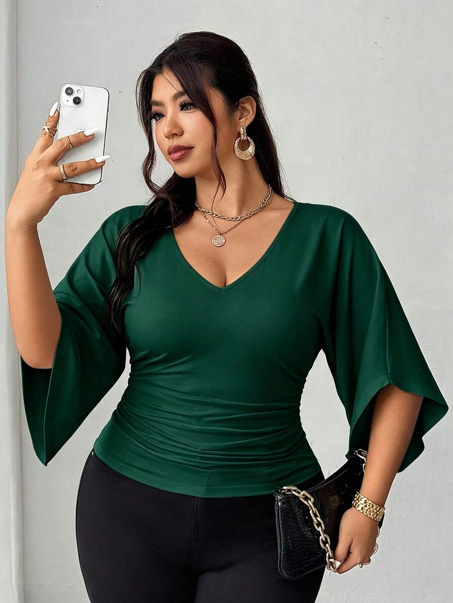 Elenzga Plus Size Cinched Waist Casual French Style Versatile T-Shirt - Dark Green - View 1