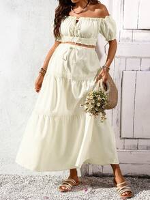 SHEIN Maternity Simple Solid Color Off-Shoulder Top And Skirt 2-Piece Set - Apricot - View 5