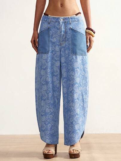Bohemela Women's Casual Vacation & Commute Paisley Print Patchwork Pocket Loose Straight Leg Pants