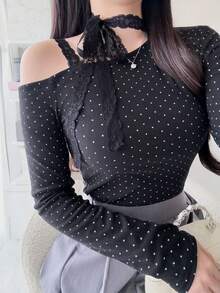 FRIFUL 女款不對稱領長袖波點抽繩綁肩修身休閒T恤，秋季可愛上衣 - 黑色 - 查看 9