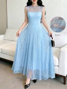 Celisse Đầm dài ngang gối không tay màu xanh dương ren thắt eo dành cho nữ, thanh lịch cho kỳ nghỉ. - Màu xanh nhạt - Xem 5