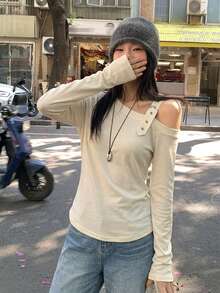DAZY 女款休閒條紋長袖T恤，寬鬆版型，獨特設計，適合春季/秋季度假 - 杏色 - 查看 4