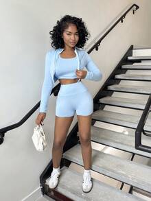Alexandranx Bộ đồ mùa hè 3 món cho nữ: Áo khoác thun dài tay cổ đứng có khóa kéo nửa co giãn, áo crop top không tay và quần short thể thao - Màu xanh lam - Xem 4