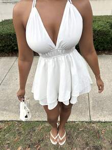 Alexandranx Beach New Spring And Summer Casual Holiday Double Shoulder Straps, Halter Neck Strap Design, Large Open Back, Multi-Layered Hem, Loose Wide-Leg Shorts, White Sea Wave Strip Woven Fabric Women's Jumpsuit-A White Dresses For Women Women Mini Dresses Party Dresses For Women Women Mini Dresses - White - View 4