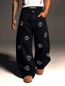 AXEPEAK Quần jeans nam màu đen bạc màu, đính đá lấp lánh, thời trang. - màu đen - Xem 6