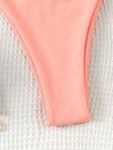 Swim Basics 2026 女款夏季海灘素色掛脖綁帶性感比基尼泳衣套裝 - 珊瑚粉 - 查看 6