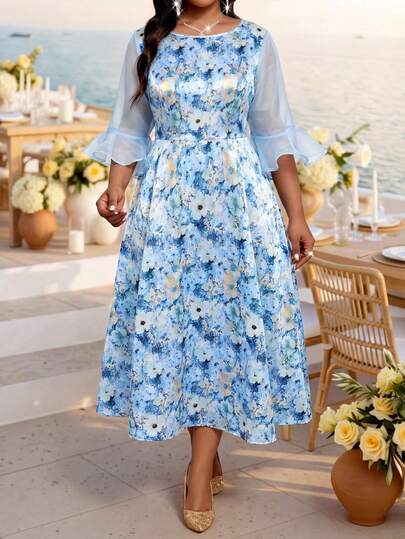 Fleurora Plus Size Women Floral Print Round Neck Mesh Flare Sleeve Elegant Dress