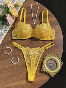 Eraneu 2pcs Mesh Embroidered Women's Lingerie Set - Yellow - View 11