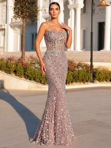 Glamrae Elegant Luxurious Beaded Sequin Mermaid Dress,3D Floral Decor Heavily Embellished Tube Top Gown For Weddings,Parties,Galas,Formal Occasions - Dusty Pink - View 4
