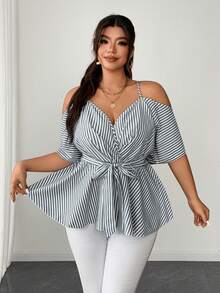Elenzga Plus Size Spaghetti Strap Tie-Front Striped Cute Blouse - Black and White - View 1