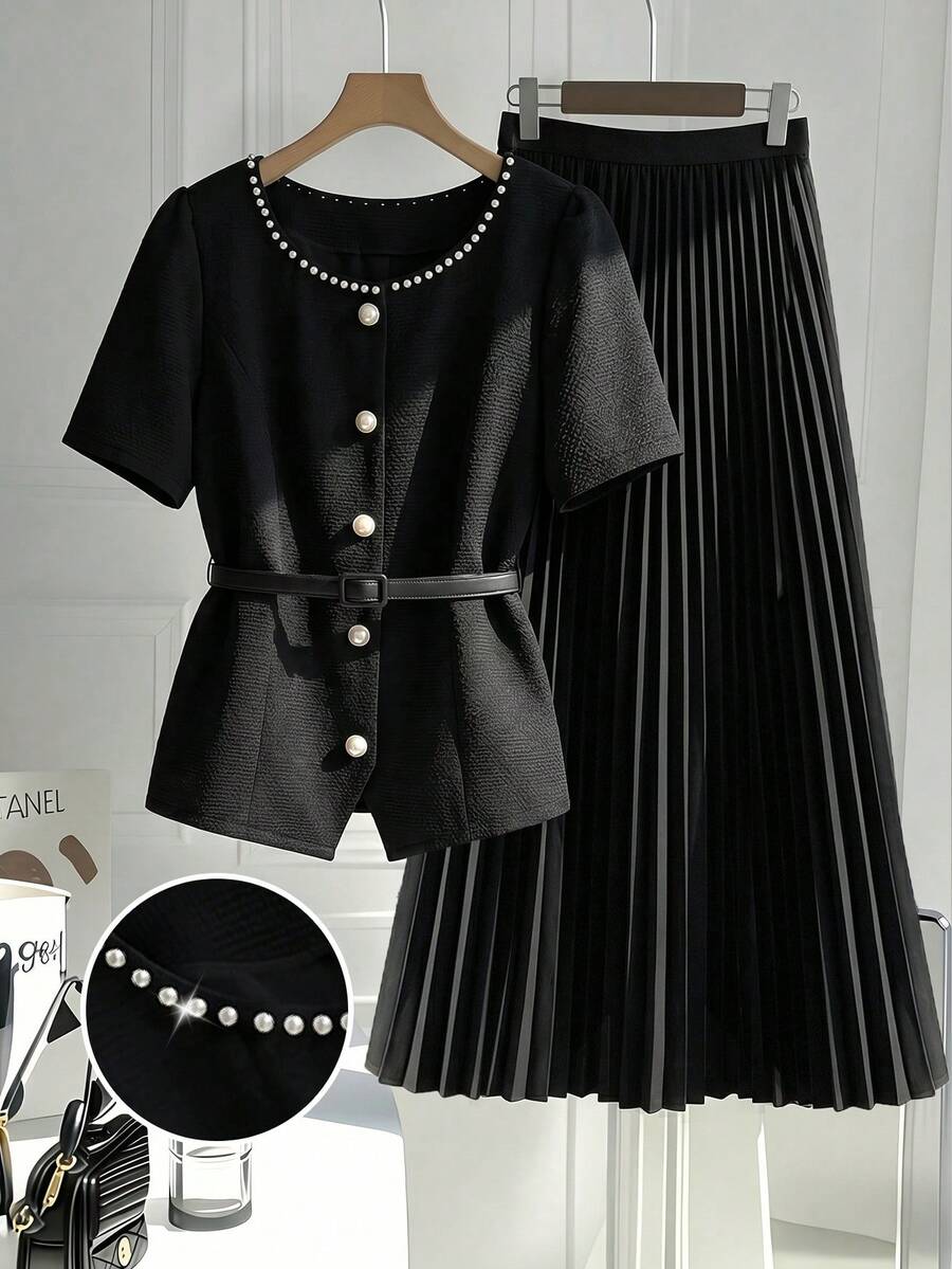 GlowEve CURVE Plus Size Women Summer Elegant Black And White Faux Pearl Decor Short Sleeve Belted Top And Pleated Skirt Set,Chic Minimalist Dinner Outfit Autumn - Black - View 1