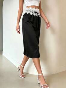 Modelyn New Summer Black Satin Ruffle Hem Mini Skirt Slimming Fashionable Elegant French Women's Skirt Bar Party - Black - View 5