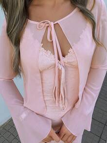 Joudiya Conjunto de 2 piezas para mujer de top corto de gasa rosa con nudo delantero, falda de encaje texturizada y vestido de tirantes finos, para primavera y verano, uso casual en casa/playa/vacaciones/viajes - Rosa - Ver 13
