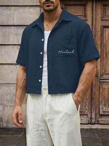 HIMLAND Embroidered Chest Men's Short Sleeve Single-Breasted Shirt, Vacation, Father's Day Gifts - Blue - View 3