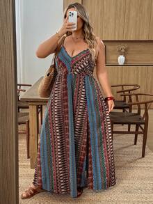 SHEIN CURVE+ Curve Size US22音乐节、海滨度假、波西米亚风大码女士度假长裙、度假长裙、沙滩度假 - 彩色 - 查看 2