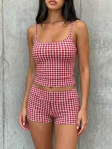 SHEIN EZwear Bộ đồ nữ kẻ caro gồm áo hai dây và quần short, thích hợp mặc hàng ngày. - Nhiều màu - Xem 3