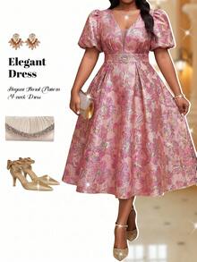 Fleurora Vestido de fiesta elegante de jacquard para tallas grandes - Rosa Fucsia - Ver 5