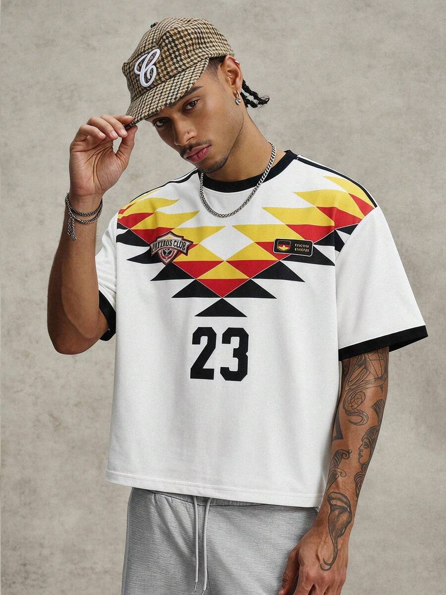 PAVTROS Camiseta con estampado numérico geométrico de moda para hombres - Blanco - Ver 1