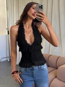 Aloruh Ruffle V-Neck Sleeveless Knit Tank Top, Black Solid Color, Casual Commute Wear, Romantic Date & Holiday,Summer Top - Black - View 7