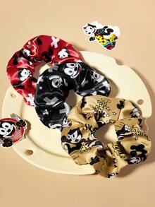 SHEIN Felix The Cat Pack Of 3, Cute, Fashionable, Soft Gloss, Large Intestine Ring, Cartoon Printed Hair Band, Gold & Red & Black, Cat, Suitable For Beauty Use, High Ponytail. - 彩色 - 查看 8
