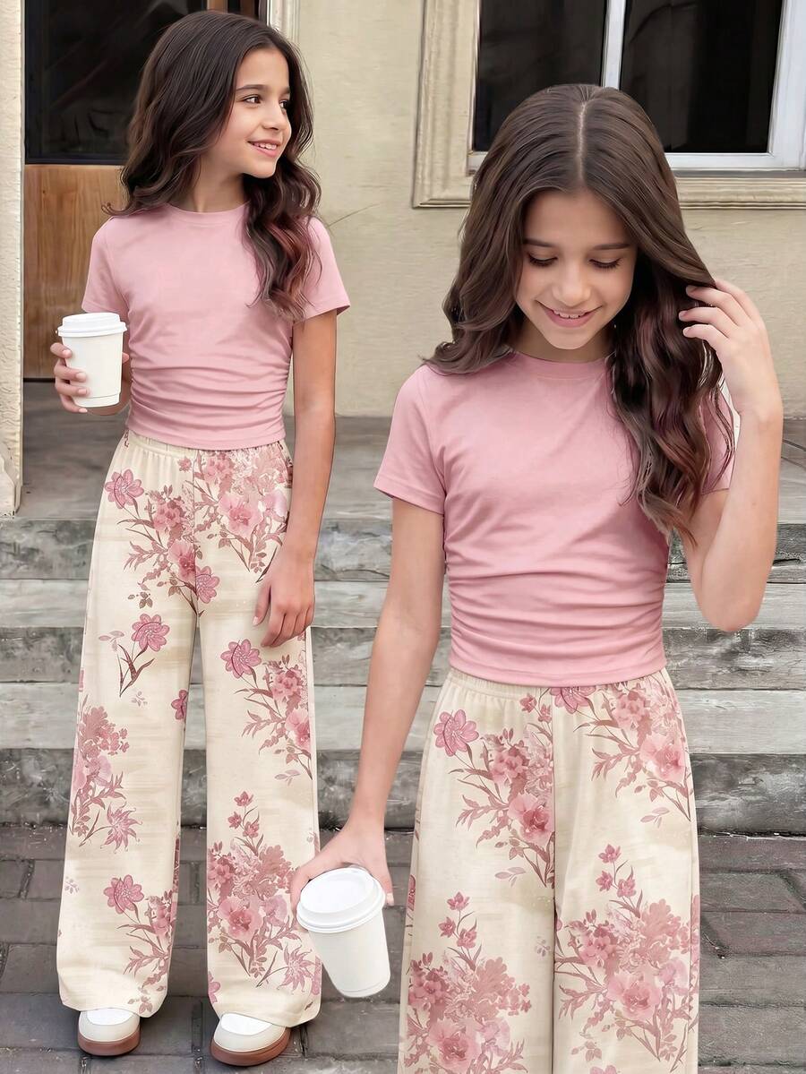 Conjunto de camiseta ajustada con volantes y pantalones de pierna ancha con estampado floral, casual para niña preadolescente en primavera/verano para vacaciones y uso diario - Blanco - Ver 1