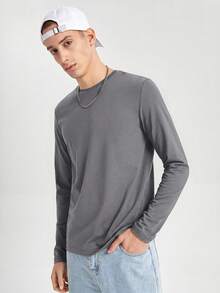 SWAVVY Men's Casual Solid Color Long Sleeve T-Shirt, Minimalist Versatile For Daily Wear, Spring/Autumn - Dark Grey - View 1
